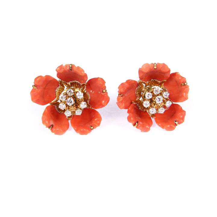 Corallium rubrum and diamond articulated flowerhead cluster earrings, each with five carved corallium rubrum jointed petals,